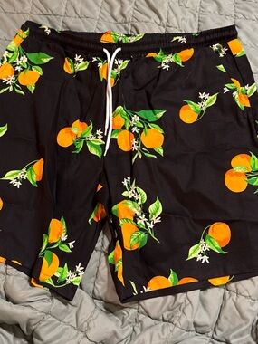 Men's Black Swim Board Shorts with Orange Citrus Print